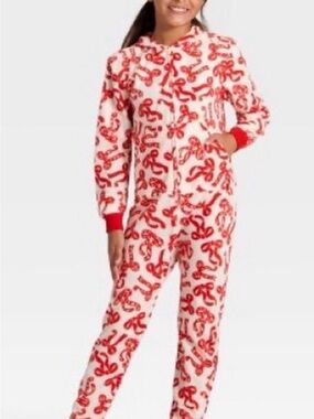 Cat & Jack Red Bow Print One-Piece Union Suit Pajama Sz M(8)